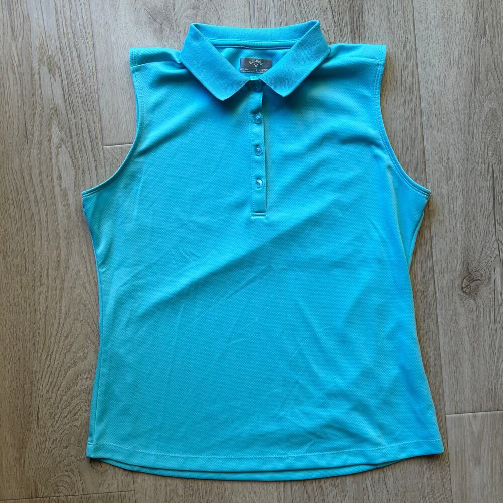 Callaway Womens Large Opti-Dri Aqua Blue Sleeveless Golf Polo Performance Top
